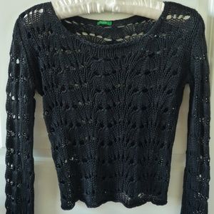 Vintage Cropped Black Lace Knit 3/4 Sleeve Top